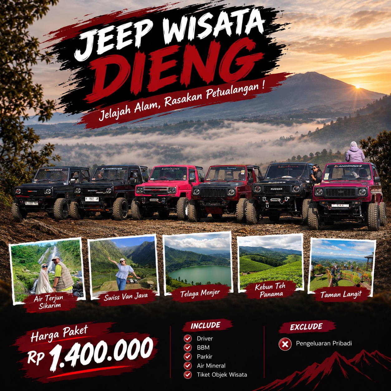 Paket Jeep 3: Air Terjun Sikarim, Swiss van Java, Telaga Menjer,Kebun Teh/Taman langit