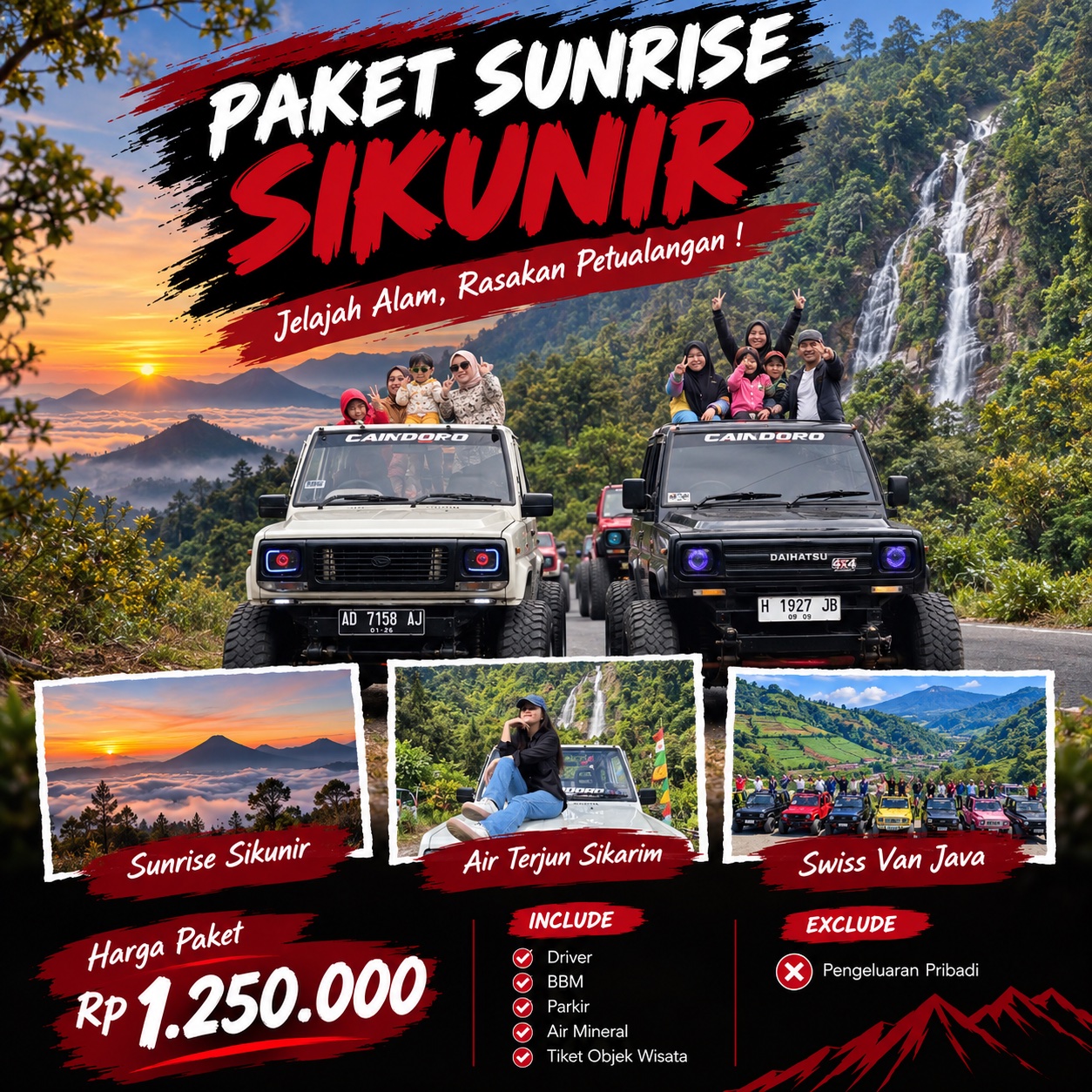 Paket Jeep sunrise 2 : Sunrise bukit sikunir, air terjun sikarim, swiss van java