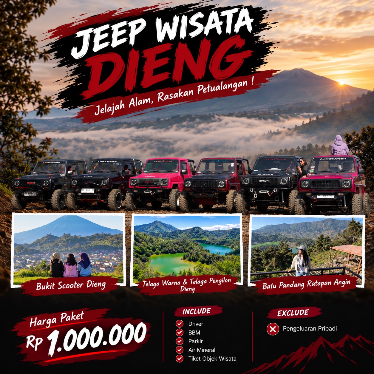 Paket  Wisata Jeep 4 : Telaga Warna, Bukit Scooter & Ratapan Angin