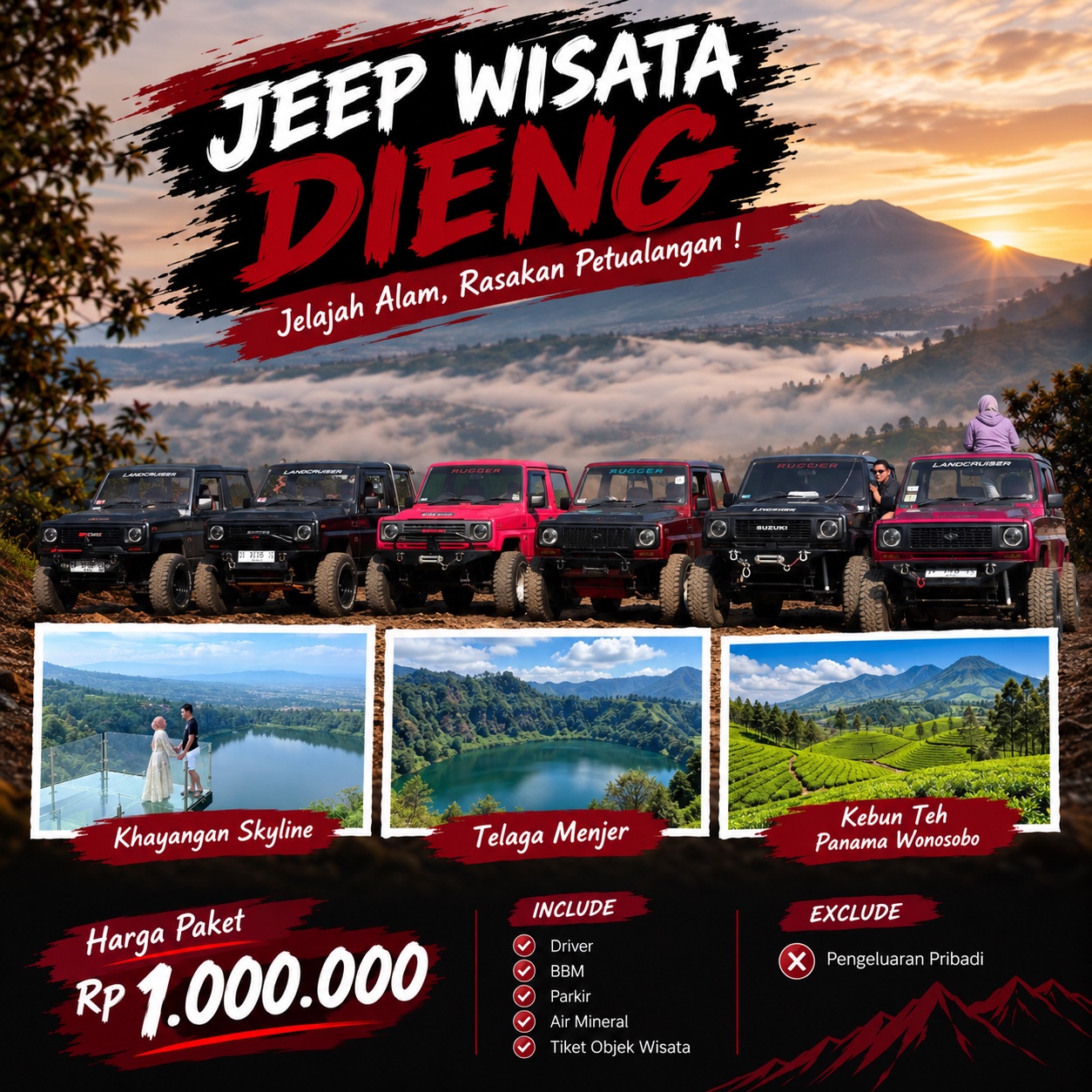Paket  Jeep 5 : Kahyangan Skyline,  pandang Pertama/telaga menjer & Kebun Panama